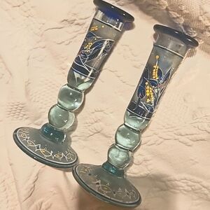 Final SET 2 Rare Peacock Set HandPainted Blown Glass Artisan Candlesticks Vases